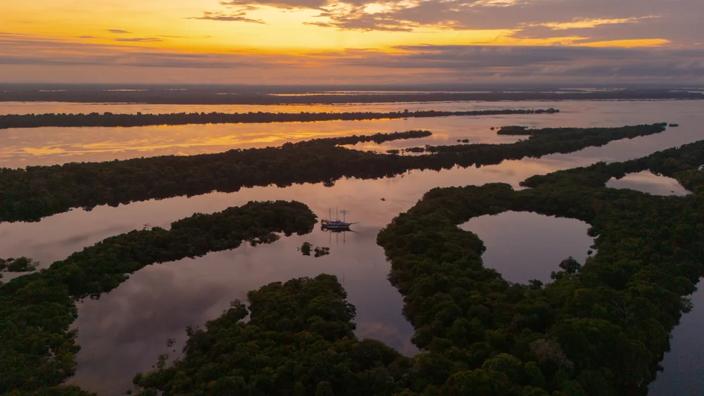 Vista aérea das ilhas da Amazônia ao amanhecer